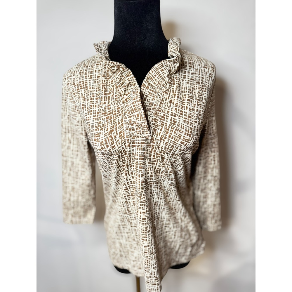 J. McLaughlin Womens Brown Durham Print Ruffle‎ Neck 3/4 Sleeve Top Size S